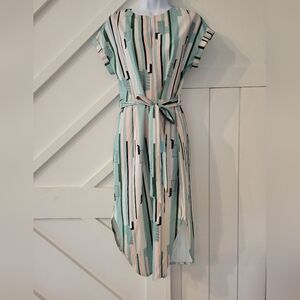 TEMOFON Women's Summer Dress, Geometric, Short Sleeve Midi V-Neck with belt